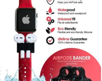 May include: A red silicone watch band with a black holder for AirPods. The holder has two slots for the AirPods and a third slot for the charging case. The band is waterproof and sweatproof. The text "AirPods Security" is visible in the image.