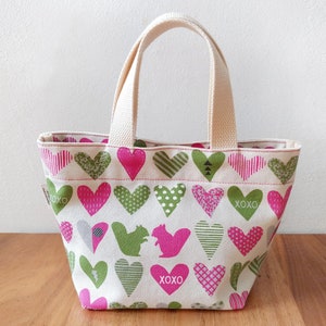 Mini Tote Bag: Original Print "Squirrels in Love" Pink & Green