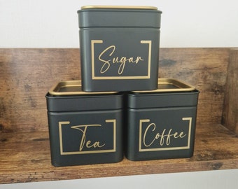 Black Tea Coffee Sugar Storage Canisters, Storage Jar, Black & Gold, Kitchen Pantry Containers, Refillable, Stacking Tins, Matte , Hinch