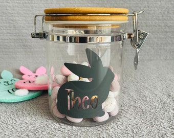 Personalised Easter Treat Jar, Bunny Jar, Easter Gift, Fillable Sweet Jar, Rabbit Jar, Chocolate Eggs, Easter Eggs, Clip Jar, Kids Easter