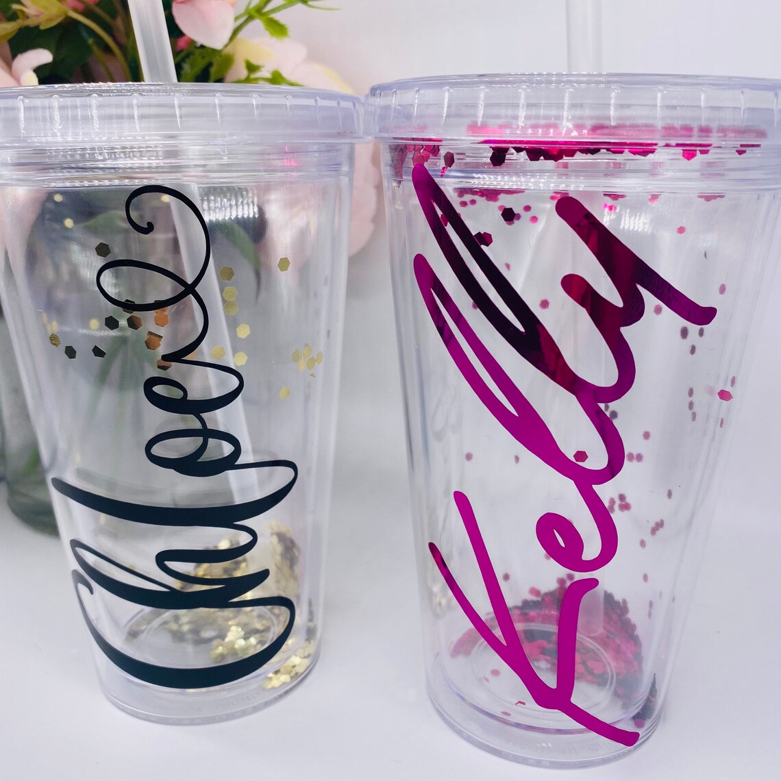 Personalised Glitter Tumbler Cup With Straw Pink Gold Etsy