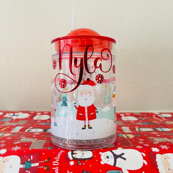 Personalisierte Kinder Weihnachten Glitter Cup - Weihnachtsbecher mit Strohhalm - Weihnachtsbecher - Shaker - Heiligabend Box - Weihnachtsgeschenk