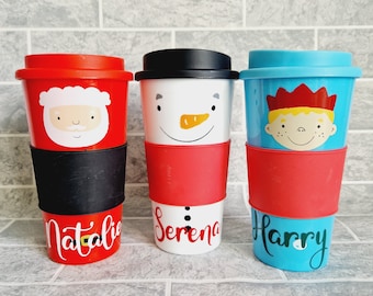 Personalised Christmas Travel Mug, Travel Cup, Eco Xmas Coffee Cup, Christmas Eve Box, Stocking Filler, Santa Elf Snowman Mug,Childrens Gift