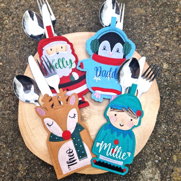 Personalised Christmas Cutlery Holders - Xmas Table Decor - Xmas Tableware - Santa Reindeer Place Names - Christmas Dinner - Christmas Day