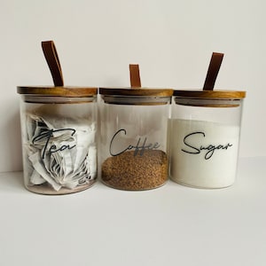 Tea Coffee Sugar Jars, Glass Storage Canisters, Bamboo Lid Glass