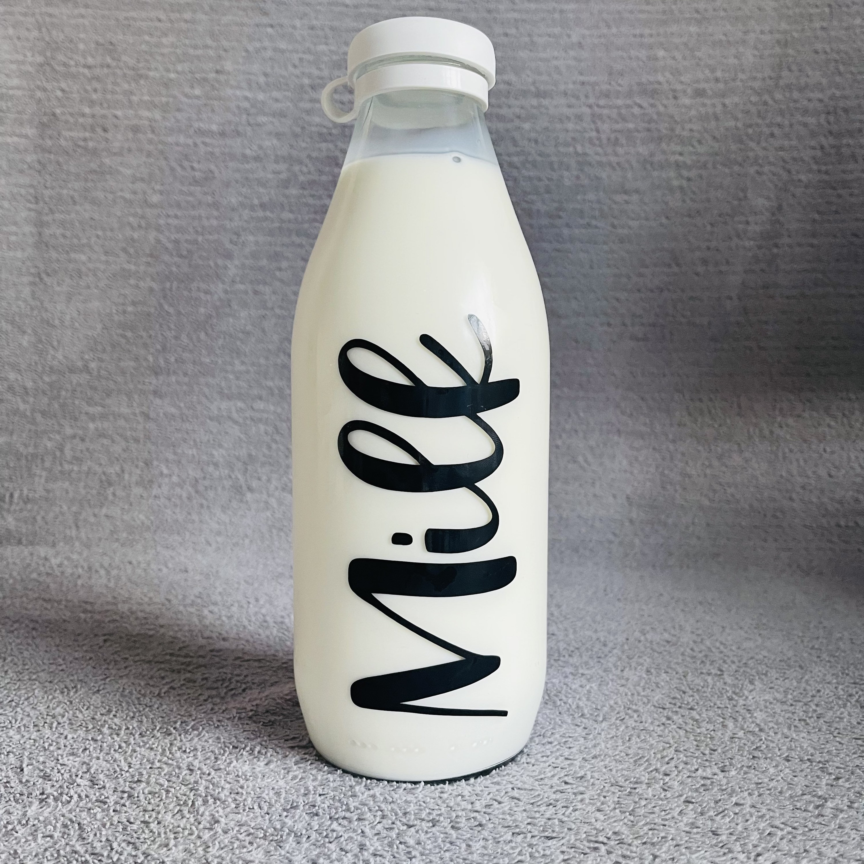 Refillable 1L Glass Milk Bottle With White Waterproof Personalised  Minimalist Label Fridge Organisation Fridgescaping 