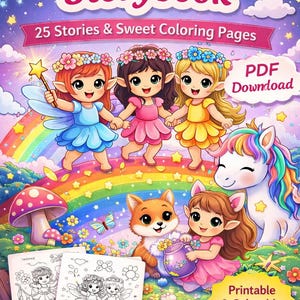 Könnte beinhalten: Bunte Illustration eines "Magical Fairy Storybook" mit Feen, einem Regenbogen und einem Einhorn. Das Cover zeigt den Text "25 Geschichten & süße Malvorlagen" und "Druckbar & Ausmalbar". Ein PDF-Download ist verfügbar.