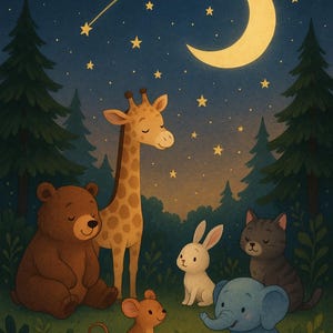 Könnte beinhalten: Eine skurrile Illustration einer nächtlichen Waldszene mit einem Halbmond, Sternen und einem Sternschnuppen. Eine Giraffe, ein Bär, ein Hase, eine Katze, eine Maus und ein Elefant versammeln sich auf einer Lichtung und schaffen eine bezaubernde, märchenhafte Atmosphäre.
