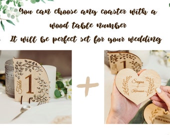 Wedding decor set, wedding name coaster, wooden table numbers wedding, wedding favours, wedding table decor, rustic side tables