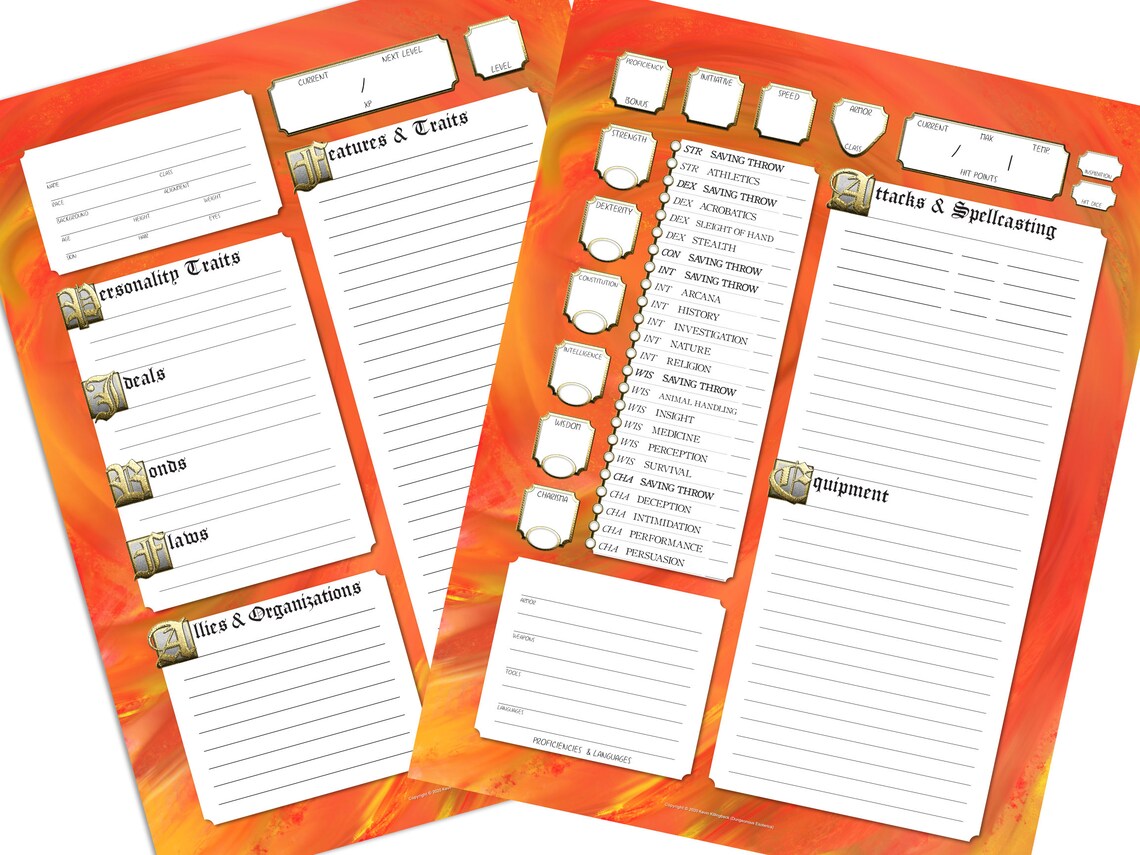 Fireball D&amp;D 5e Character Sheet 8.5x11 Printable Dungeons | Etsy