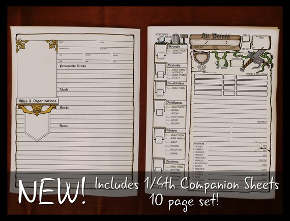 Dd 5e Full Size Character Sheets 85x11 Printable Dungeons And Dragons Character Sheet Dnd Role Playing Game Digital Download - 