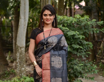 Bengal Zari Border Pure Tussar Silk Saree Hand Block Printed Handloom Sari Pure Tossor Free Shipping Handmade with SilkMarkIndia Assurance