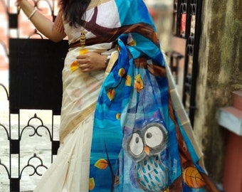 Kerala Cotton Saree, Hand Painted Kerala Saree, Sari with Blouse, Zari Border Saree, South Indian HandPaint Saree, Women Wedding Wear Sari 1