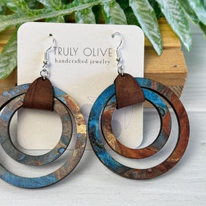 Handmade Boho Wood Earrings for Women | Blue Statement Earrings | Gift For Wife | Gift For Girlfriend | 5th Anniversary Gift | Gift For Her