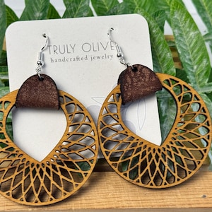 Boho Wood Hoop Earrings: Lightweight Leather Dangle