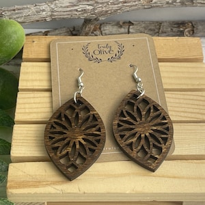 Hypoallergenic Wood Earrings: Lightweight Laser Cut Walnut Dangles