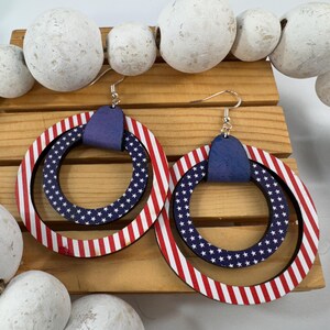 Boho Chic Earrings Made of Reclaimed Wood | Patriotic Boho Dangle Earrings For Women | Nickel Free | Red White and Blue Boho Earrings