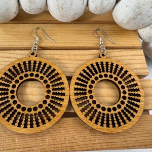 Lightweight Wood Boho Earrings: Blue Circle Statement Jewelry