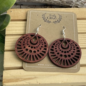 Laser Cut Mandala Wood Earrings: Boho Dangle Jewelry