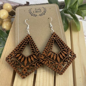 Lightweight Wood Mandala Earrings: Boho Half Diamond Dangle