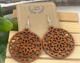 Laser Cut Wood Mandala Earrings: Boho Dangle, Hypoallergenic
