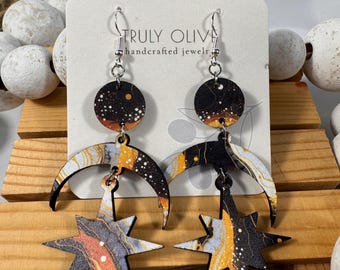 Celestial Moon & Stars Wood Earrings: Boho Dangle Jewelry