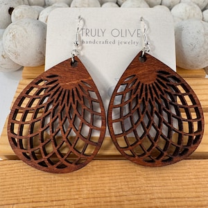Lightweight Wood Mandala Earrings: Filigree Boho Dangle
