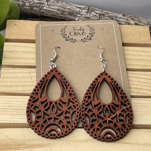 Engraved Mandala Teardrop Wood Earrings: Lightweight Boho Jewelry