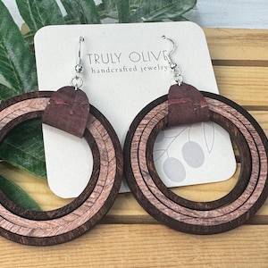 Wood Dangle Circle Earrings, Wooden Boho Earrings, 5th Anniversay Gift, Gift for Mom, Birthday Gift for Girlfriend, Gift  For Best Friend