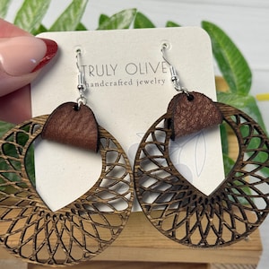 Filigree Wooden Hoop Earrings: Baltic Birch & Leather