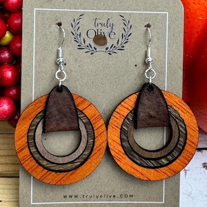 Handmade Wood Hoop Earrings: Nested Leather Accent