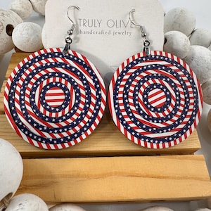 Red White and Blue Boho Earrings | Patriotic Boho Dangle Earrings For Women | Nickel Free | Boho Chic Earrings Made of Reclaimed Wood
