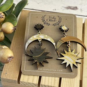 Celestial Wood Earrings: Boho Moon and Star Dangle Earrings