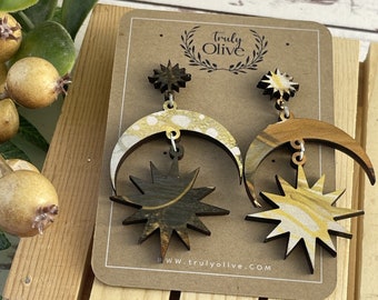 Celestial Wood Earrings: Boho Moon and Star Dangle Earrings