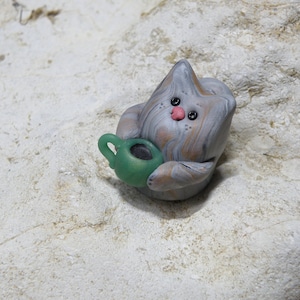 Cute cat with coffee! Cat with coffee cup handmade unique piece - desk display eye-catcher