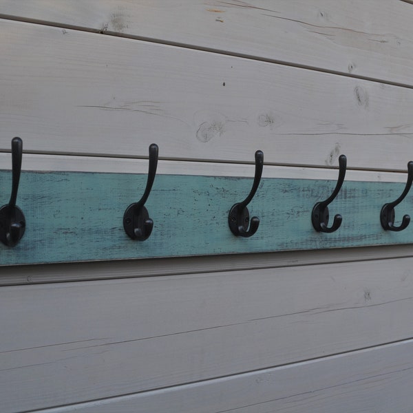 Beautiful, handmade, wall mounted, distressed, wooden coat racks, Green or White, cast iron hooks, hanging coats, coat hooks, painted