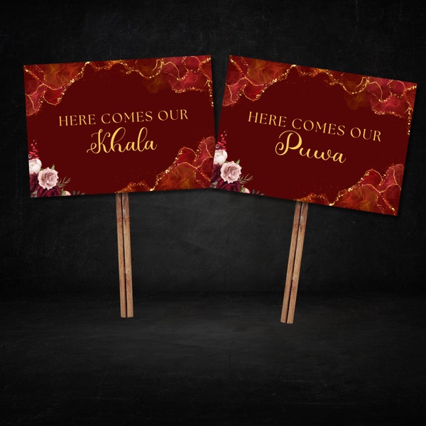 Bridal Entry signs Indian and pakistani, Flower girl and Ring bearer signs | Here comes my Maasi / Khala / Puwa / Phoppo | south asian bride