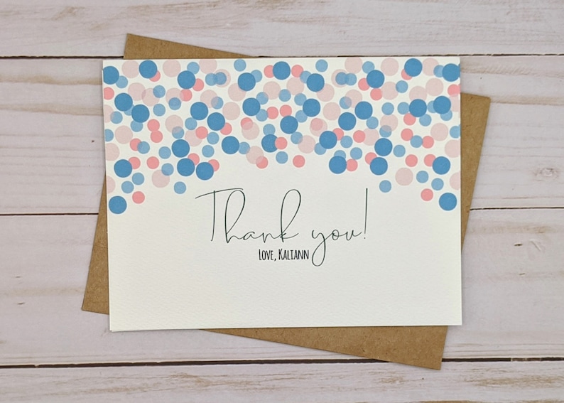 Pink and Blue Confetti Note Card Set Blank Folded Cards Thanks Baby Shower Thank You Note Card Thank You