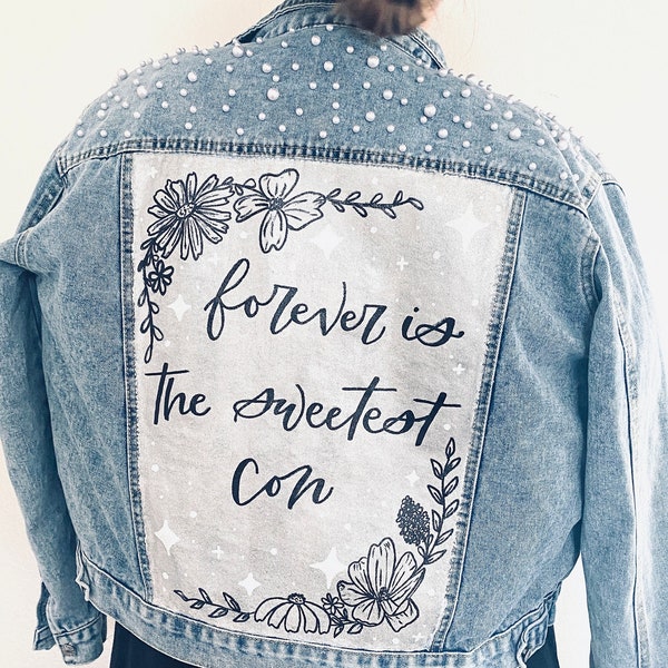 Painted Denim Jacket with Pearls | Taylor Swift Lyric Denim Jacket | Painted Wedding Denim Jacket | Painted Jean Jacket | Wedding Jacket