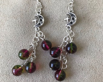 Artisan silver moon watermelon tourmaline dangle earrings clopinecreations