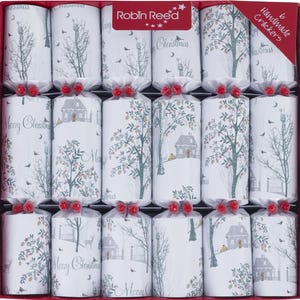 May include: A box of six handmade Christmas crackers, each with a winter scene design. The white crackers feature illustrations of trees, houses, and birds. They are tied with red bows and say "Merry Christmas".