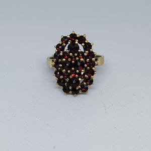 Op de afbeelding: Een gouden ring met een cluster van kleine, ovaal geslepen, dieprode edelstenen. De edelstenen zijn dicht op elkaar gezet en vormen een ovale vorm. De ring heeft een eenvoudige, gepolijste gouden band.