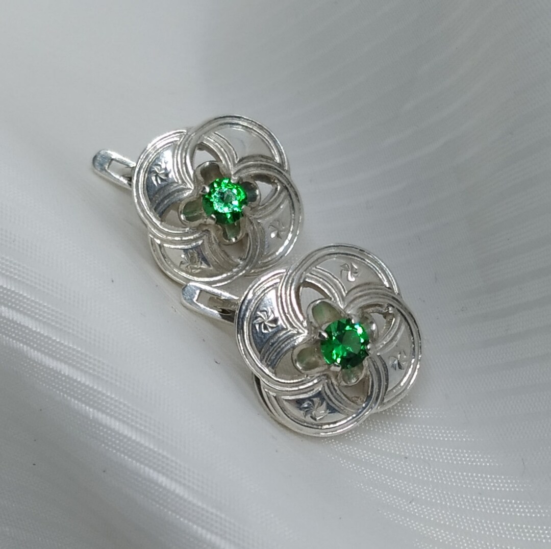 Silver Earrings 925 Trident Kharkiv Green Cubic Zirconia - Etsy
