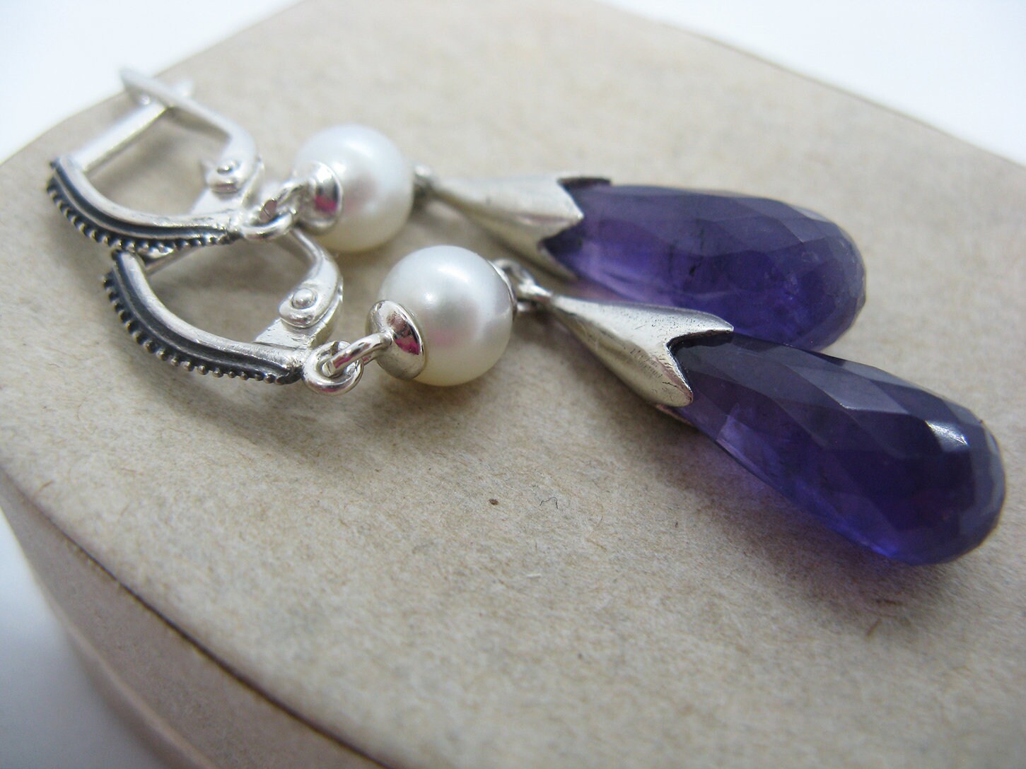 Vintage silver earrings 925 silver natural pearls amethyst Etsy