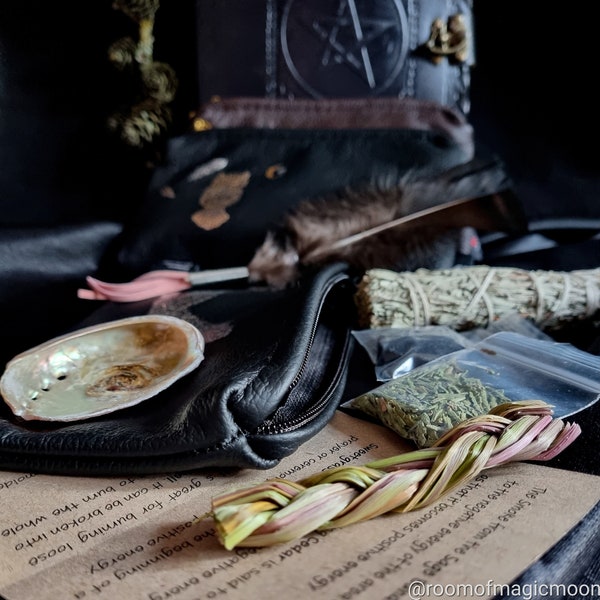 NEW KIT! Beginner smudge kit including Genuine Leather wallet, Sage, Sweetgrass, Abalone shell, Cedar