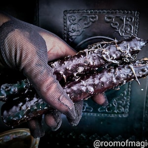 Op de afbeelding: Een hand met een zwarte mesh-handschoen houdt drie donkerpaarse kaarsen vast met gedroogde kruiden en bloemen eraan bevestigd. De kaarsen bevinden zich op een donkerbruine lederen achtergrond met een versierd ontwerp.