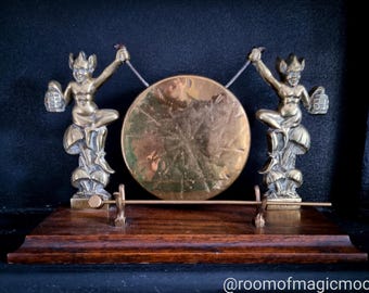 Antique Brass Cornish Pixie Gong: Victorian Oak Base, C.1900