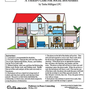 May include: A colorful illustration of a house with multiple rooms, representing a therapy game for social boundaries. The game is called "House of Boundaries" and is designed for grades 3-8. The game includes cards, a checklist, and an envelope. The game is designed to help children learn about social boundaries and how to set healthy limits.