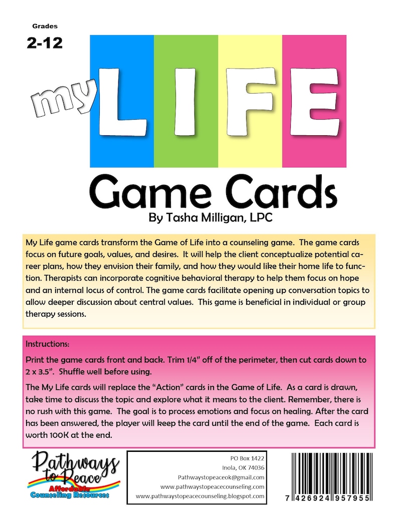 May include: Game cards titled "My Life" for grades 2-12, designed by Tasha Milligan, LPC. The design features the words "My Life" in white letters over a colorful background. The cards are intended for counseling sessions to explore goals, values, and desires.