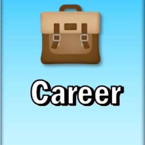 May include: A cartoon-style image featuring a brown briefcase with a tan top and buckles, set against a gradient blue background. The word "Career" is written in bold, black letters. Below, the words "my LIFE" are displayed in colorful blocks.